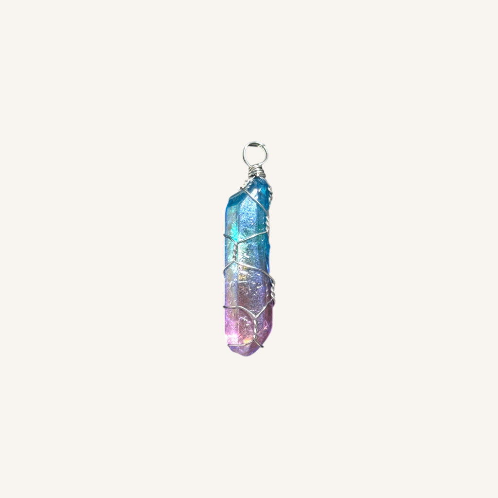 Aura Quartz Point Pendant – Rainbow Wire-Wrapped Crystal