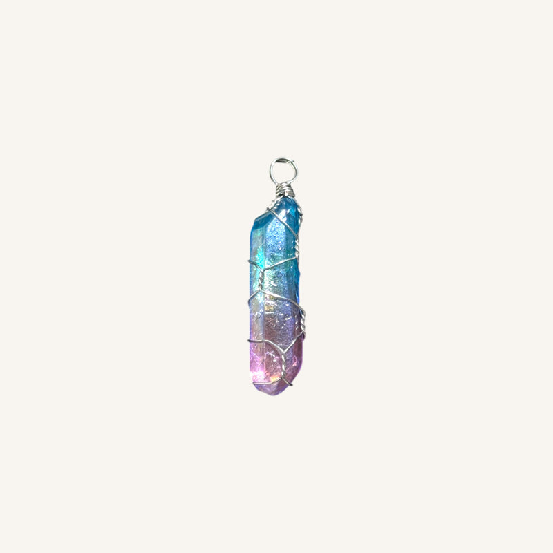 Aura Quartz Point Pendant – Rainbow Wire-Wrapped Crystal