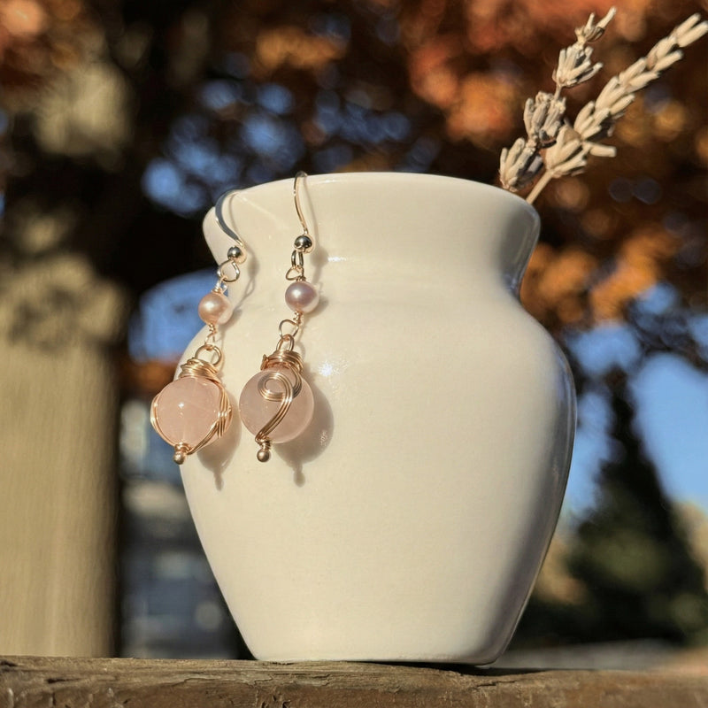 Rose Quartz & Pearl Drop Earrings